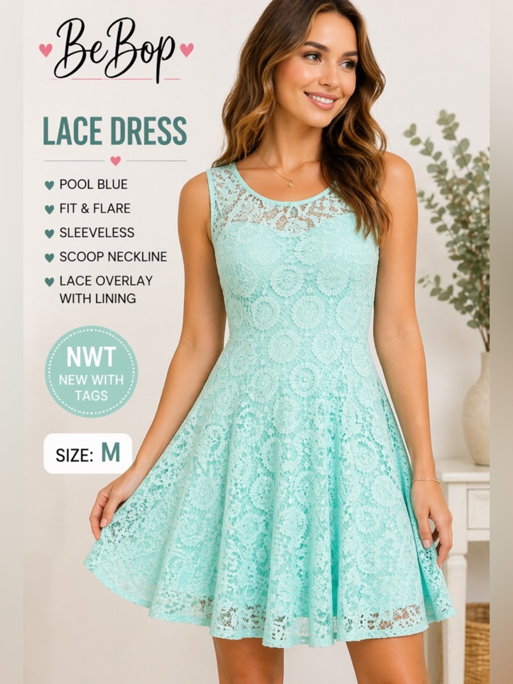 BeBop Mint Lace Fit Flare Dress NWT Size M Pool Blue Sleeveless
